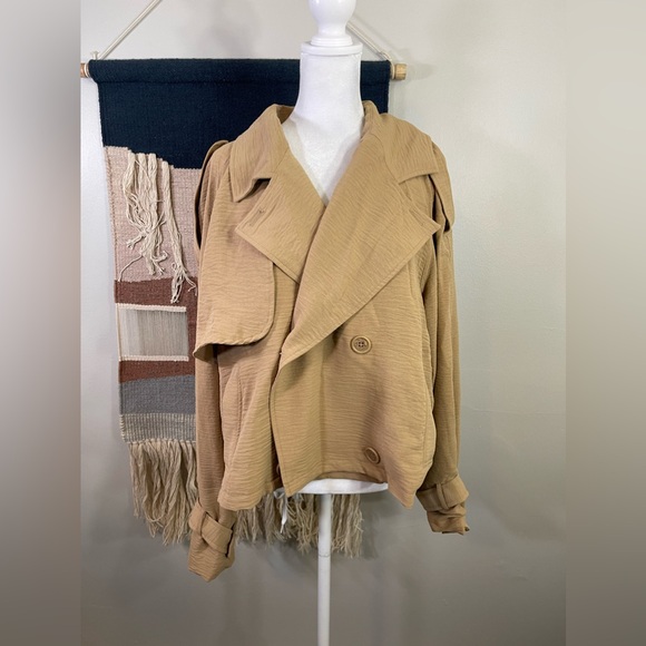 NWT Laundry By Shelli Segal Notch Lapel Epaulet Coat Cropped in Camel XL - Picture 2 of 8